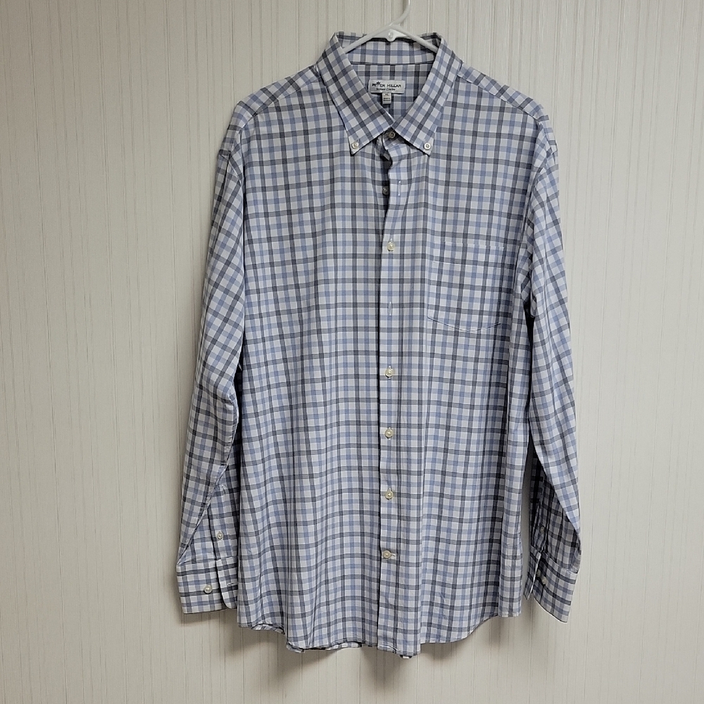 Peter Millar Men's Blue Checkered Long Sleeve Summer Comfort Shirt XL business